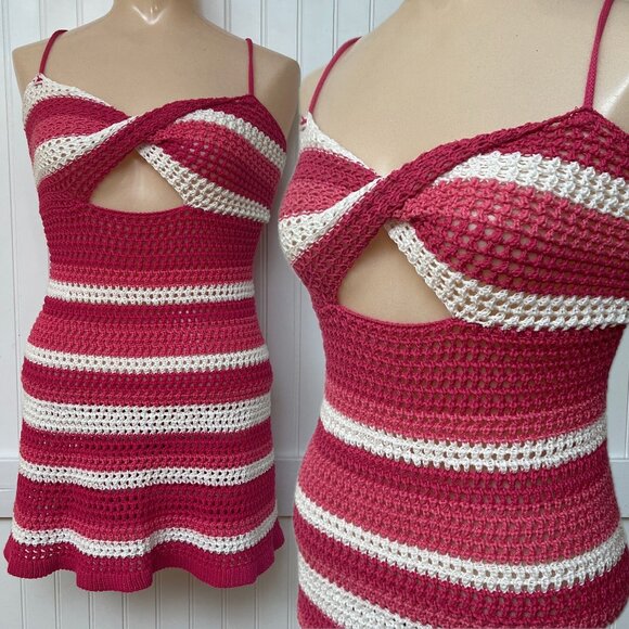 Shein Crochet Swim Cover Up Dress Tie Back Striped Cross Chest Knit Bright - Picture 1 of 13